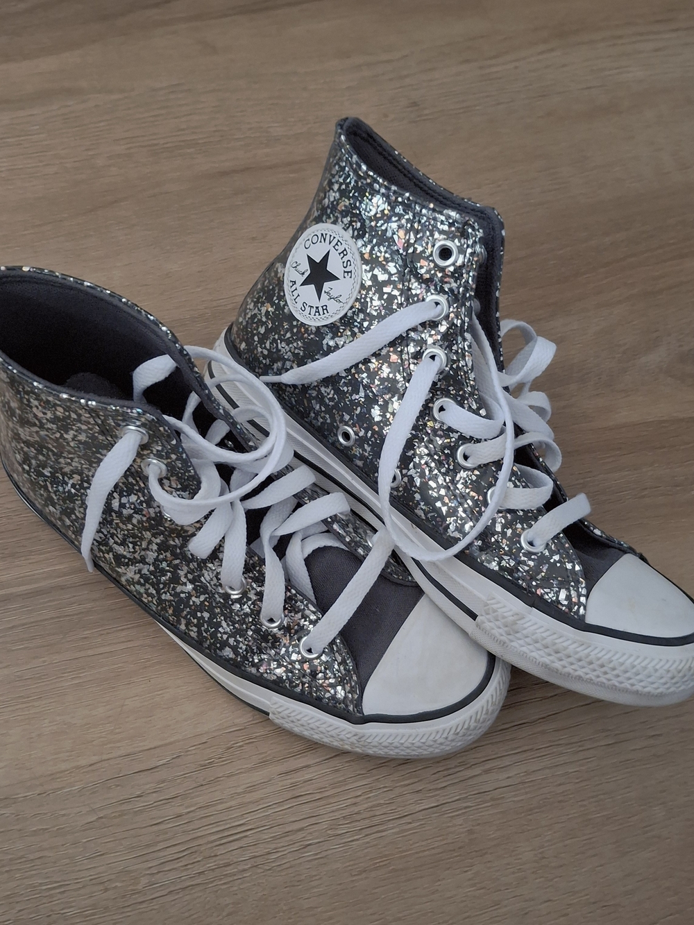 Converse Silver Glitter High Top Sneakers with White Laces